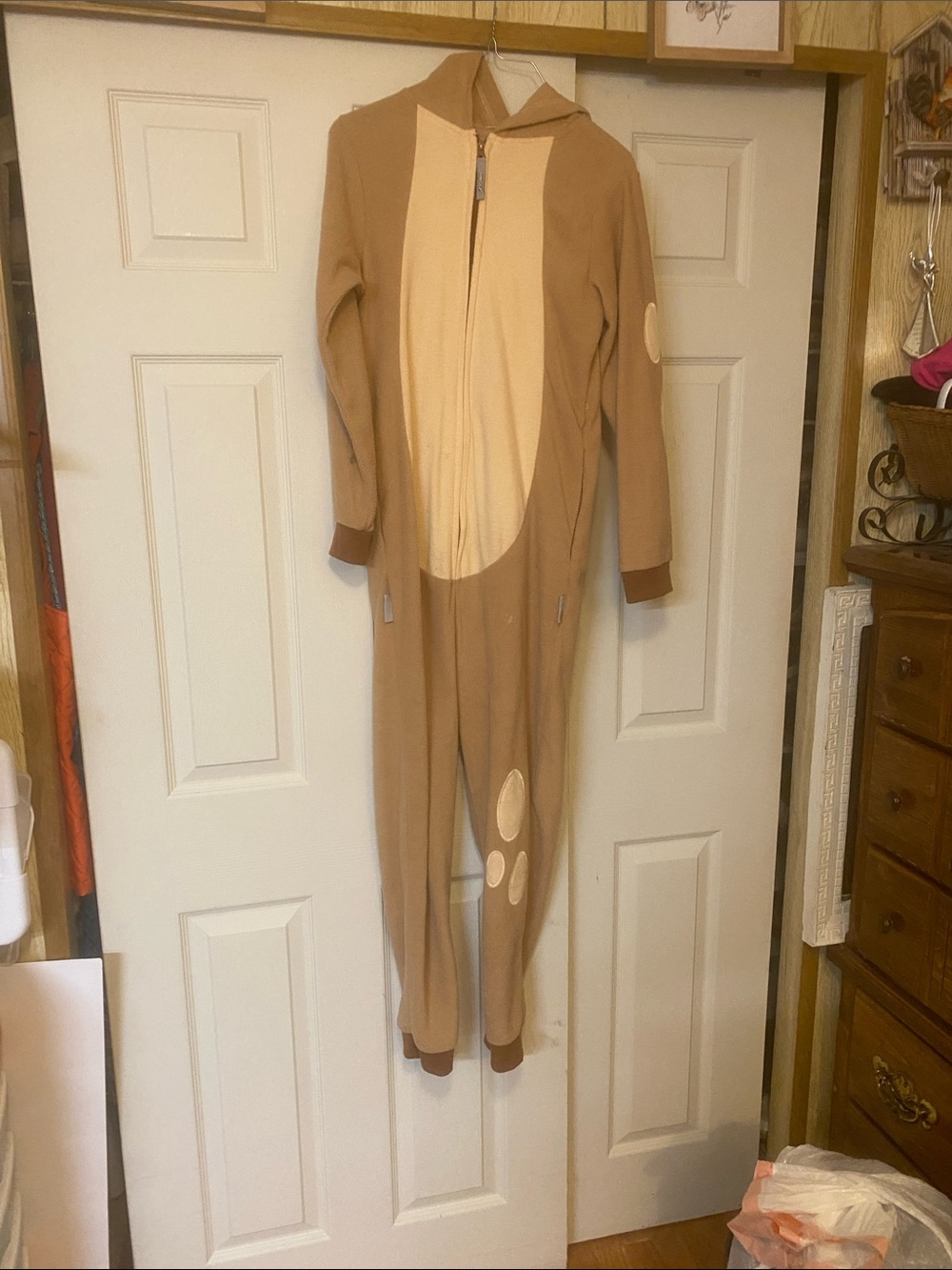 Cozy Unisex Brown & Cream Animal Footie One-Piece with Hood